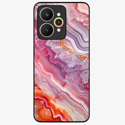 Rose Quartz Marble Glass Case showing flat back view with pink marble quartz texture artwork and glossy glass finish.