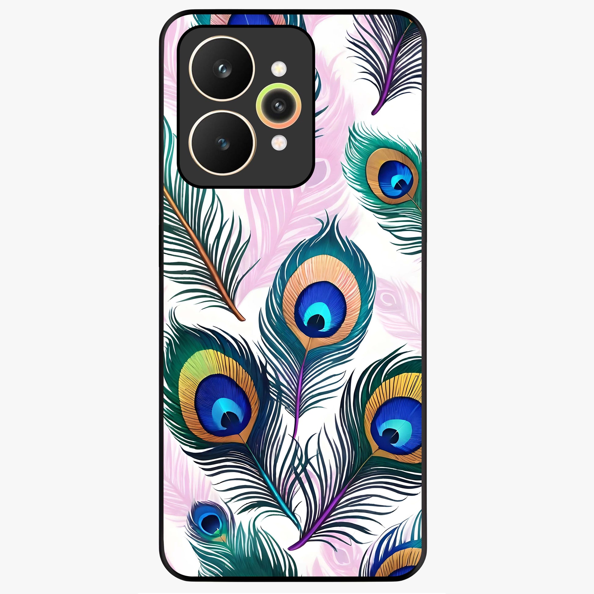 Royal Peacock Feathers Glass Case showing flat back view with colorful peacock feather artwork and glossy glass finish.