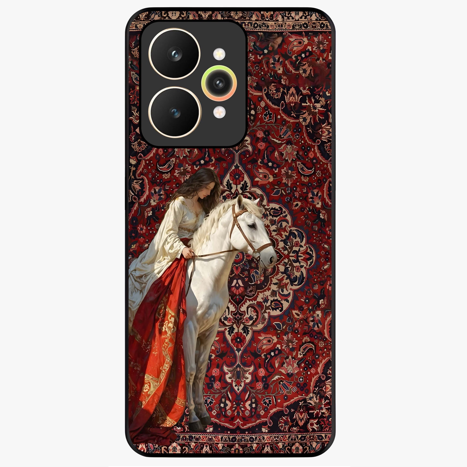 Royal Rider Tapestry Glass Case showing flat back view with majestic horse rider tapestry artwork and glossy glass finish.