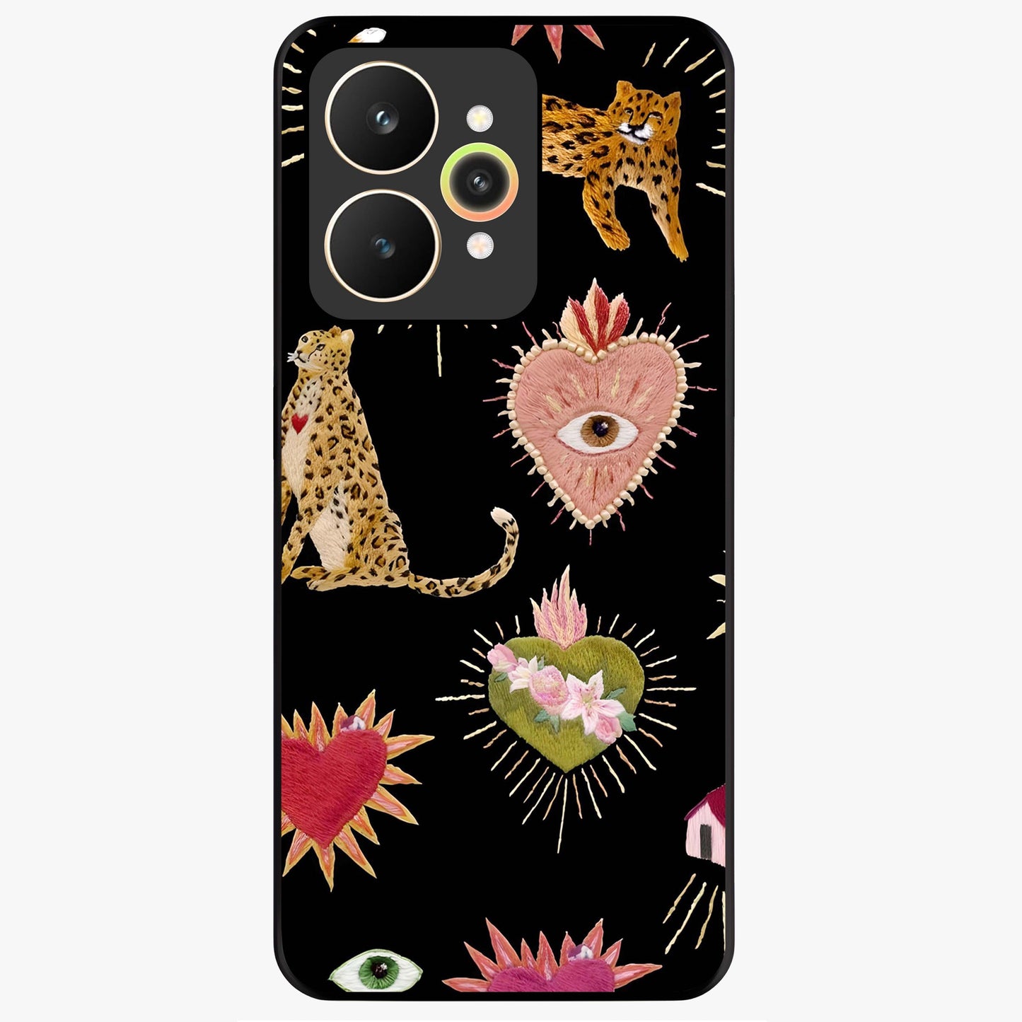 Sacred Jungle Heart Glass Case showing flat back view with jungle inspired heart artwork and glossy glass finish.
