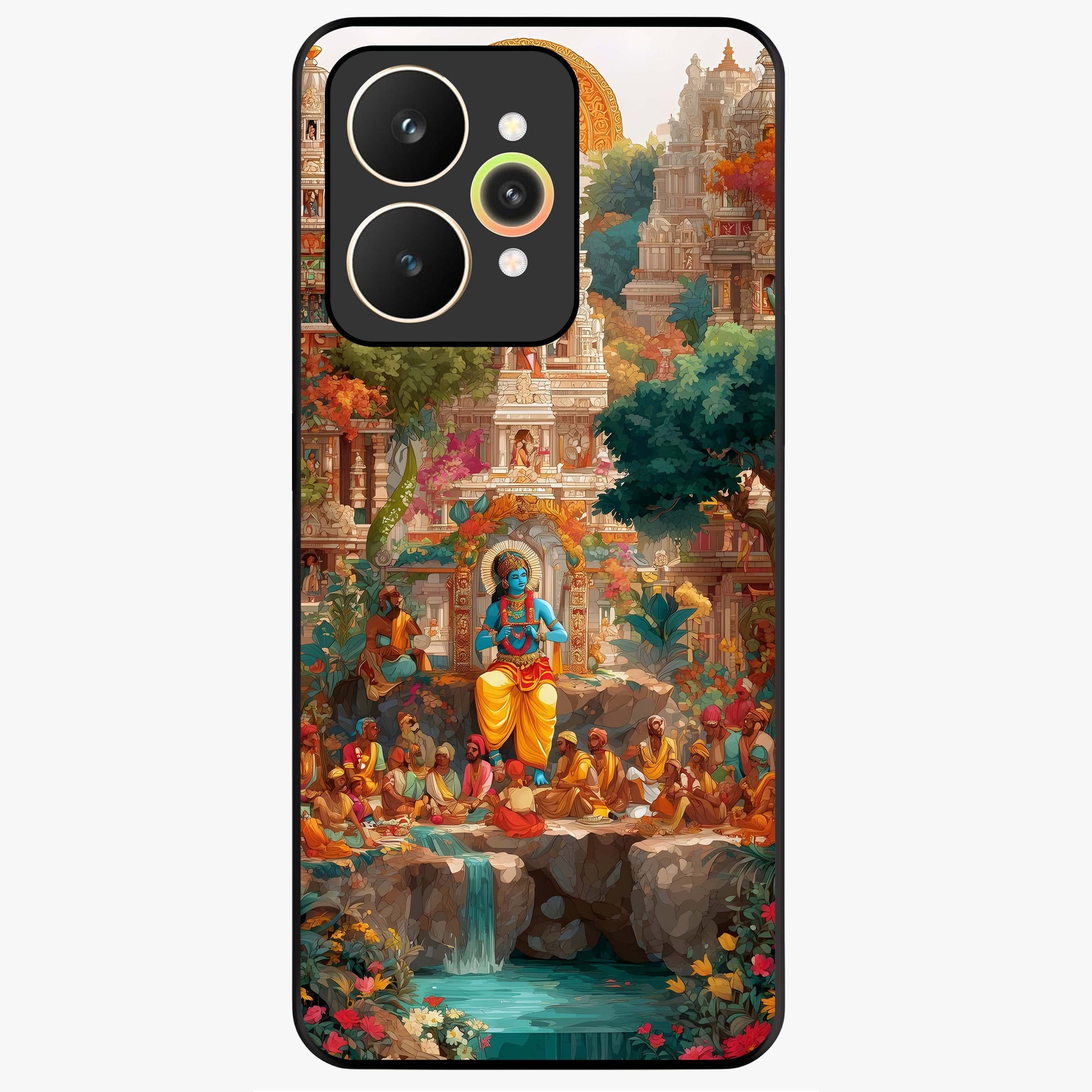 Sacred Sunlight Gods Glass Case showing flat back view with divine sunlight themed artwork and glossy glass finish.