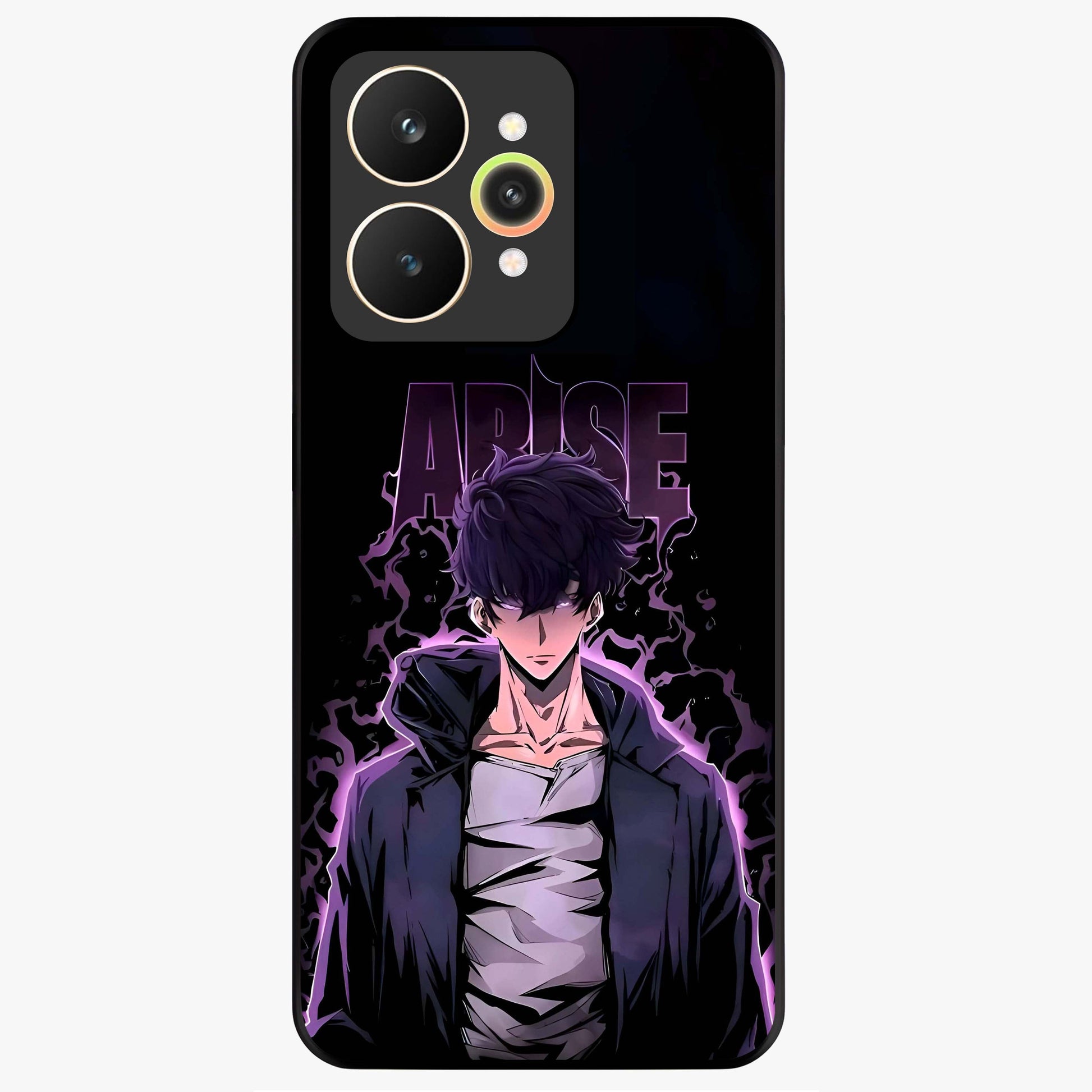 Shadow Monarch Awakening Glass Case showing flat back view with powerful dark monarch themed artwork and glossy glass finish.