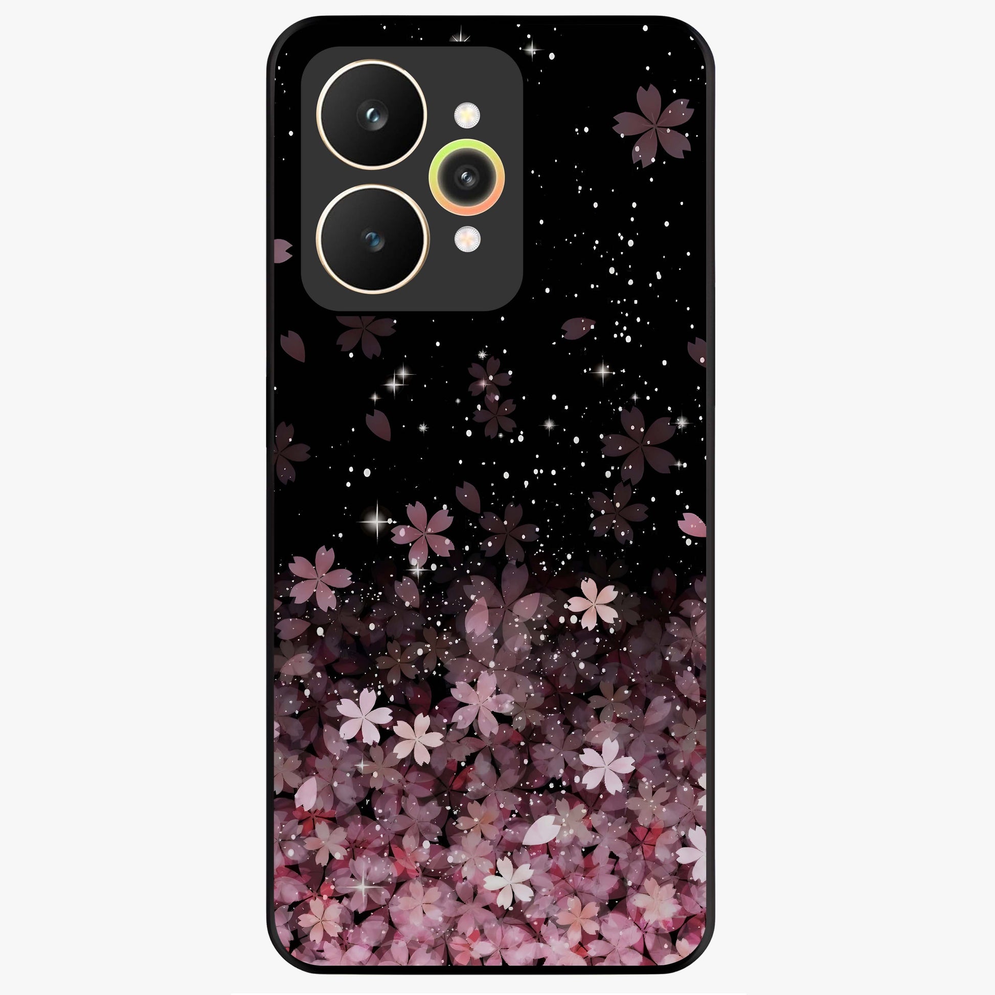 Small Starry Flowers Glass Case showing flat back view with delicate starry floral artwork and glossy glass finish.