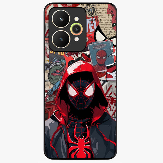Spider Collage Street Glass Case showing flat back view with vibrant superhero collage artwork and glossy glass finish.