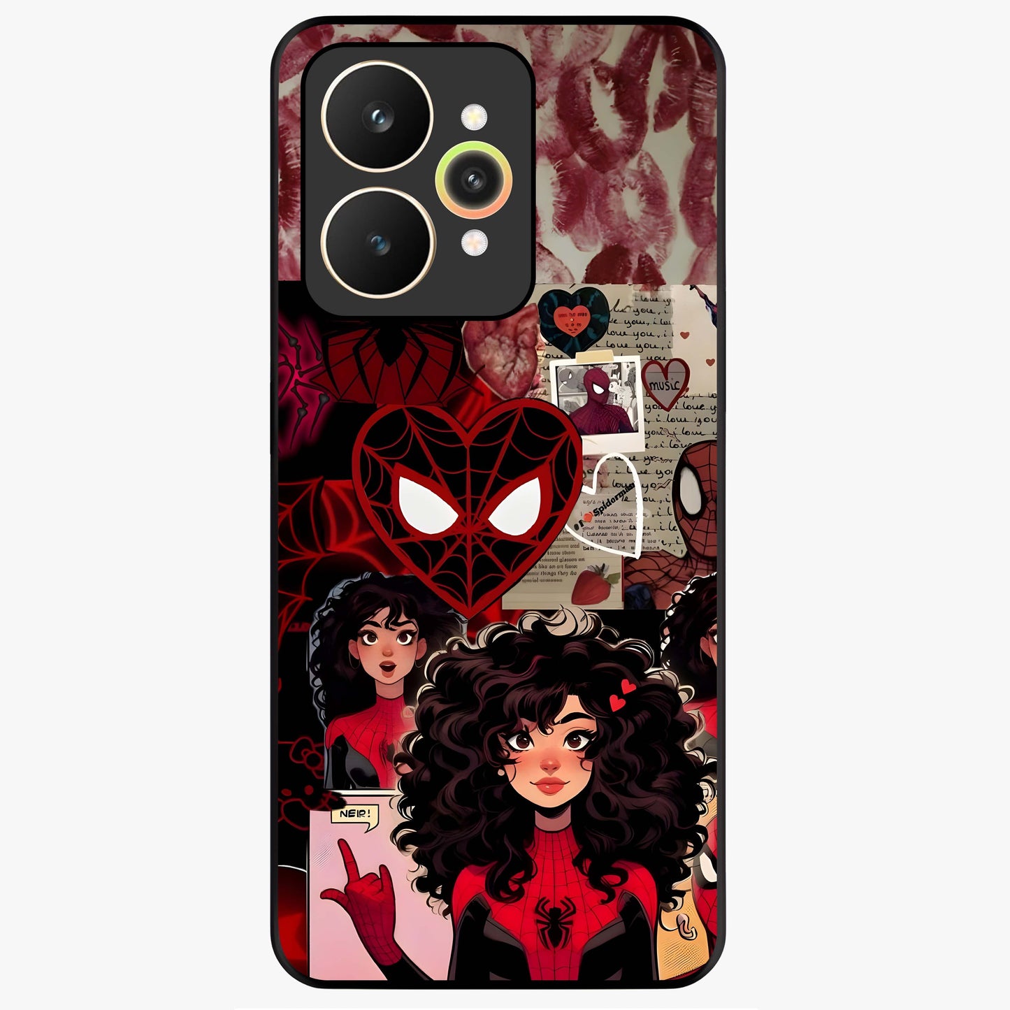 Spider Love Story Glass Case showing flat back view with romantic superhero themed artwork and glossy glass finish.
