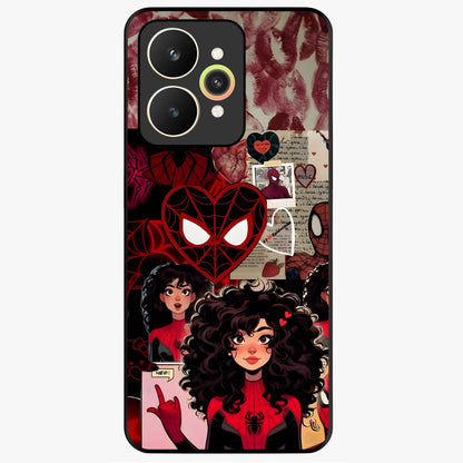 Spider Love Story Glass Case showing flat back view with romantic superhero themed artwork and glossy glass finish.