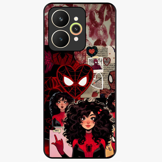 Spider Love Story Glass Case showing flat back view with romantic superhero themed artwork and glossy glass finish.