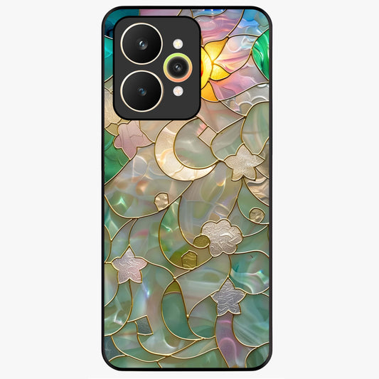 Stained Sunrise Glow Glass Case showing flat back view with glowing sunrise stained pattern artwork and glossy glass finish.