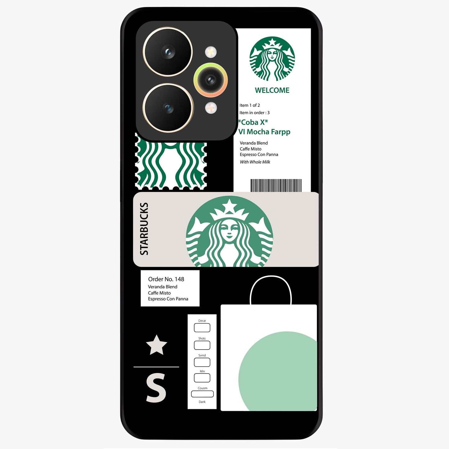 Starbucks Mocha Glass Case showing flat back view with coffee inspired artwork and glossy glass finish.