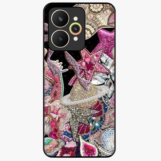 Starlit Jewel Dream Glass Case showing flat back view with sparkling jewel and star themed artwork and glossy glass finish.