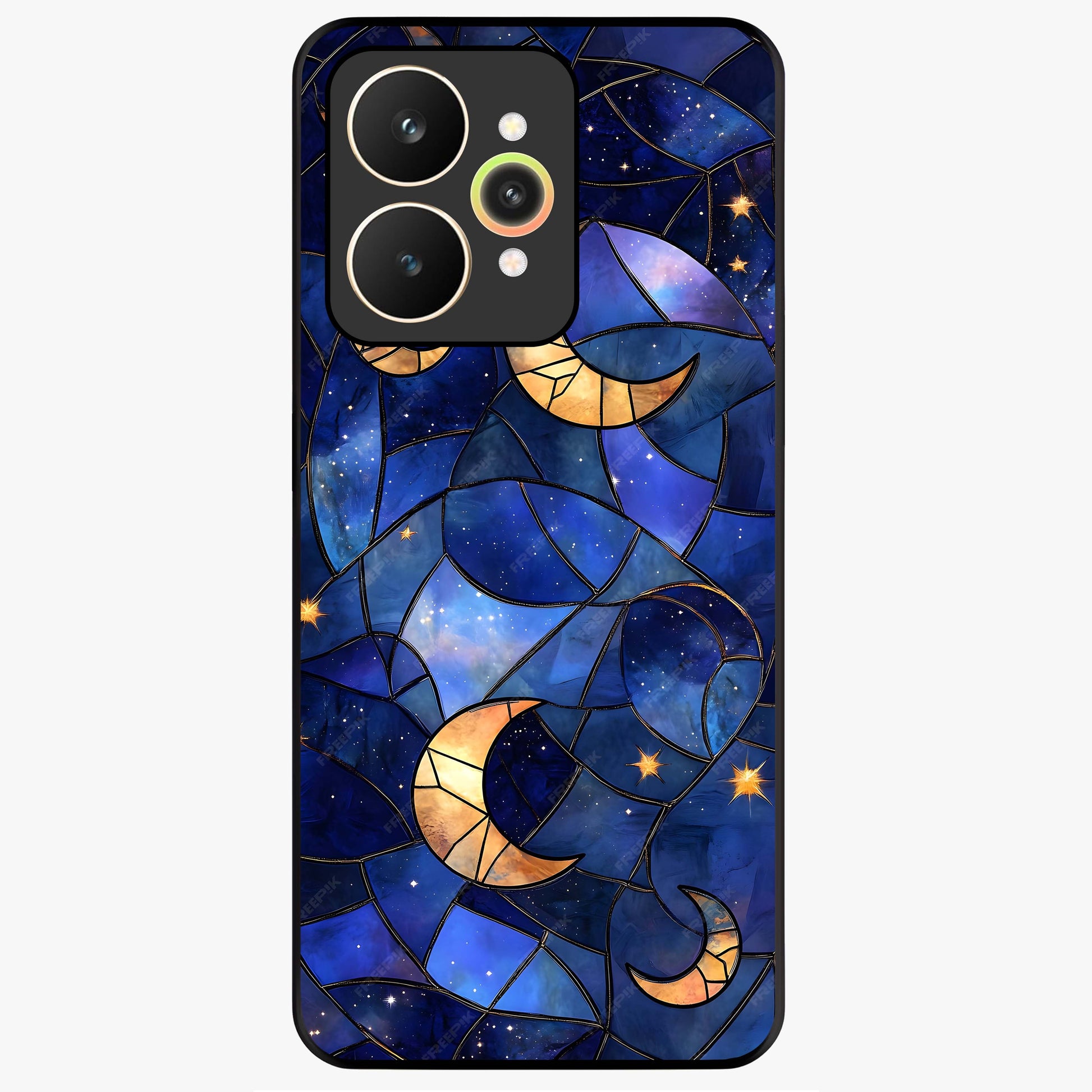 Starlit Sky Tapestry Glass Case showing flat back view with decorative starry sky tapestry artwork and glossy glass finish.
