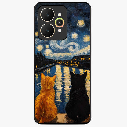 Starry River Cats Glass Case showing flat back view with cats by a starry river artwork and glossy glass finish.