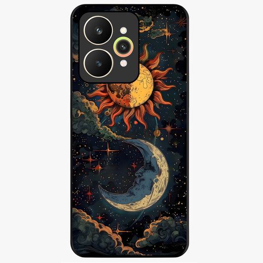 Sun And Moon Magic Design Glass Case showing flat back view with mystical sun and moon artwork and glossy glass finish.