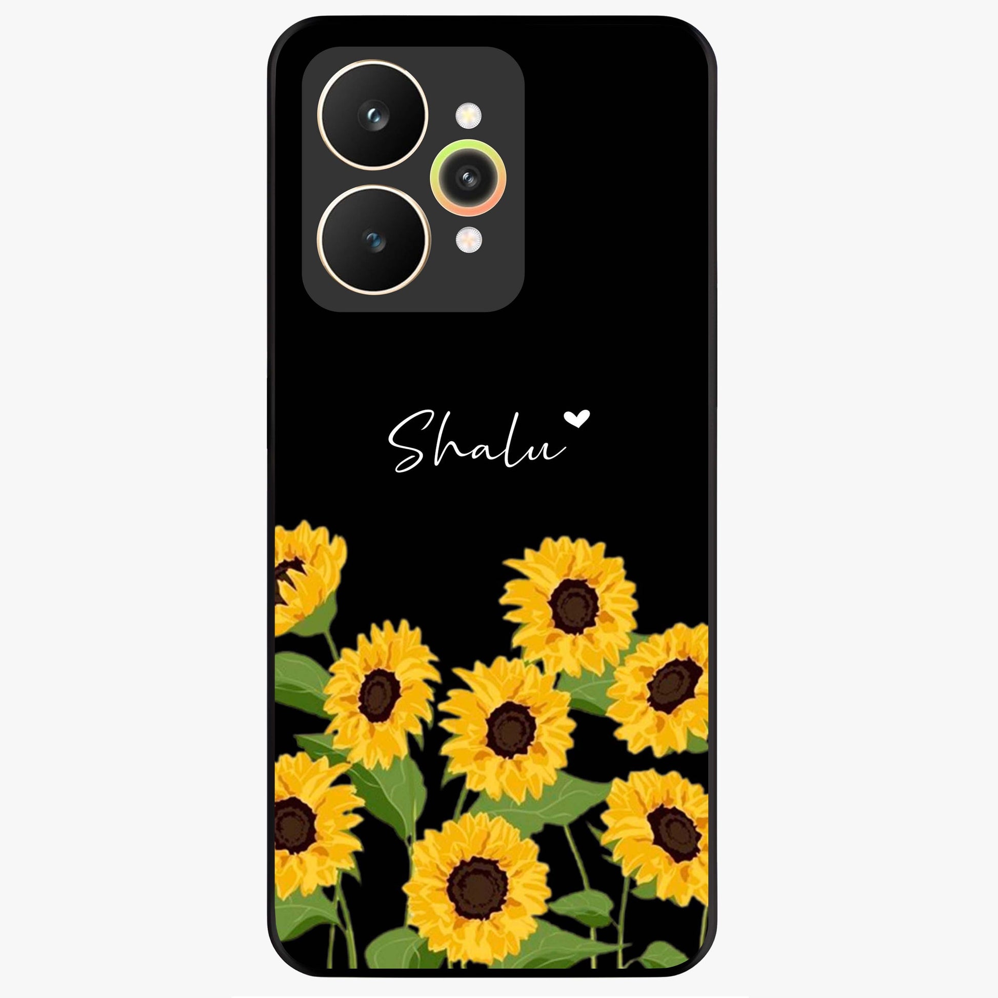 Sunflower Chic Mood Custom Name Glass Case showing flat back view with stylish sunflower artwork and personalized name design.