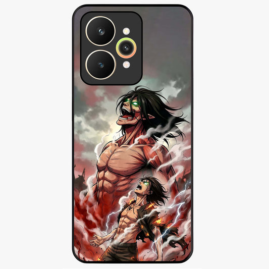 Titan Awakening Fury Glass Case showing flat back view with powerful titan inspired artwork and glossy glass finish.