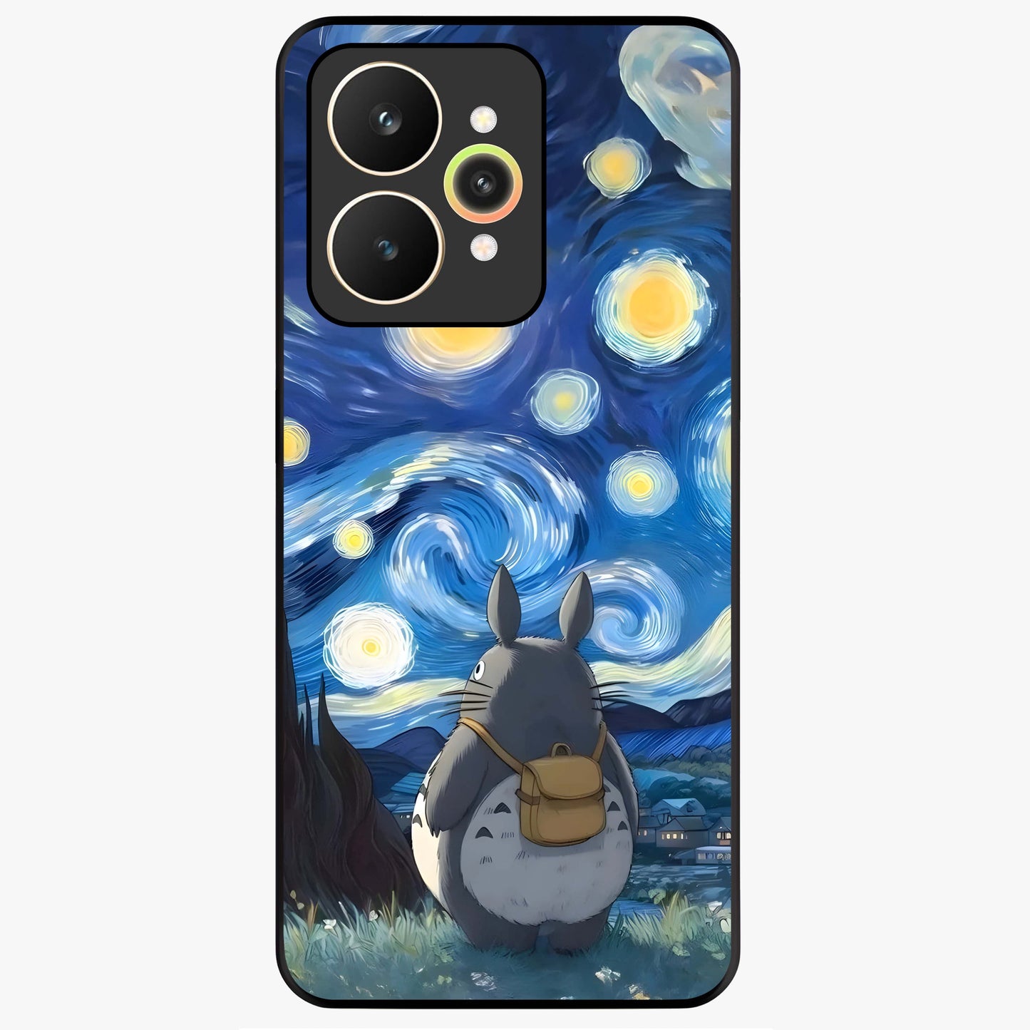 Totoro In Van Gogh Art Glass Case showing flat back view with whimsical character artwork inspired by Van Gogh style and glossy glass finish.