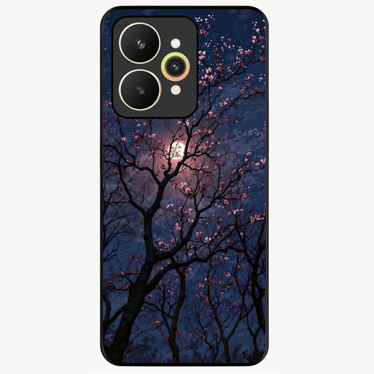 Twilight Sakura Serenade Glass Case showing flat back view with cherry blossom artwork at twilight and glossy glass finish.