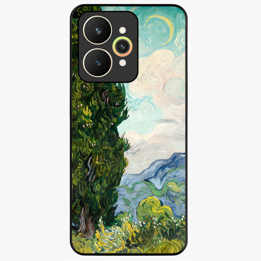 Van Gogh Vintage Art Glass Case showing flat back view with vintage painterly artwork inspired by Van Gogh style and glossy glass finish.