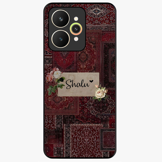 Velvet Wine Pattern Custom Name Glass Case showing flat back view with elegant wine colored pattern artwork and personalized name design.