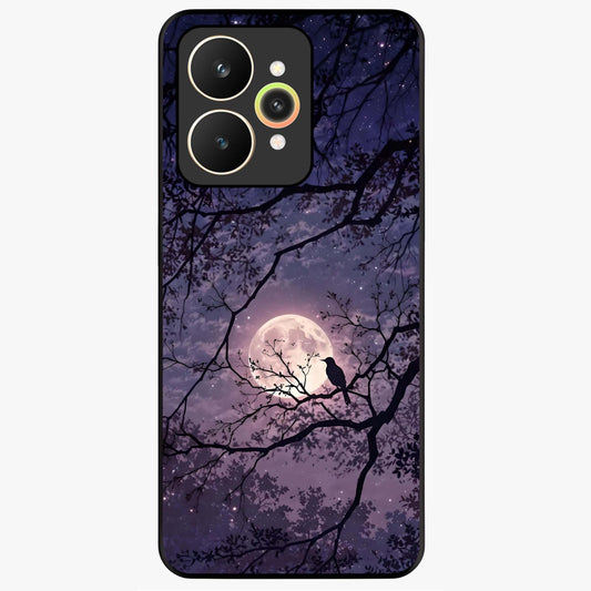 Whispering Moon Silence Glass Case showing flat back view with serene moon themed artwork and glossy glass finish.