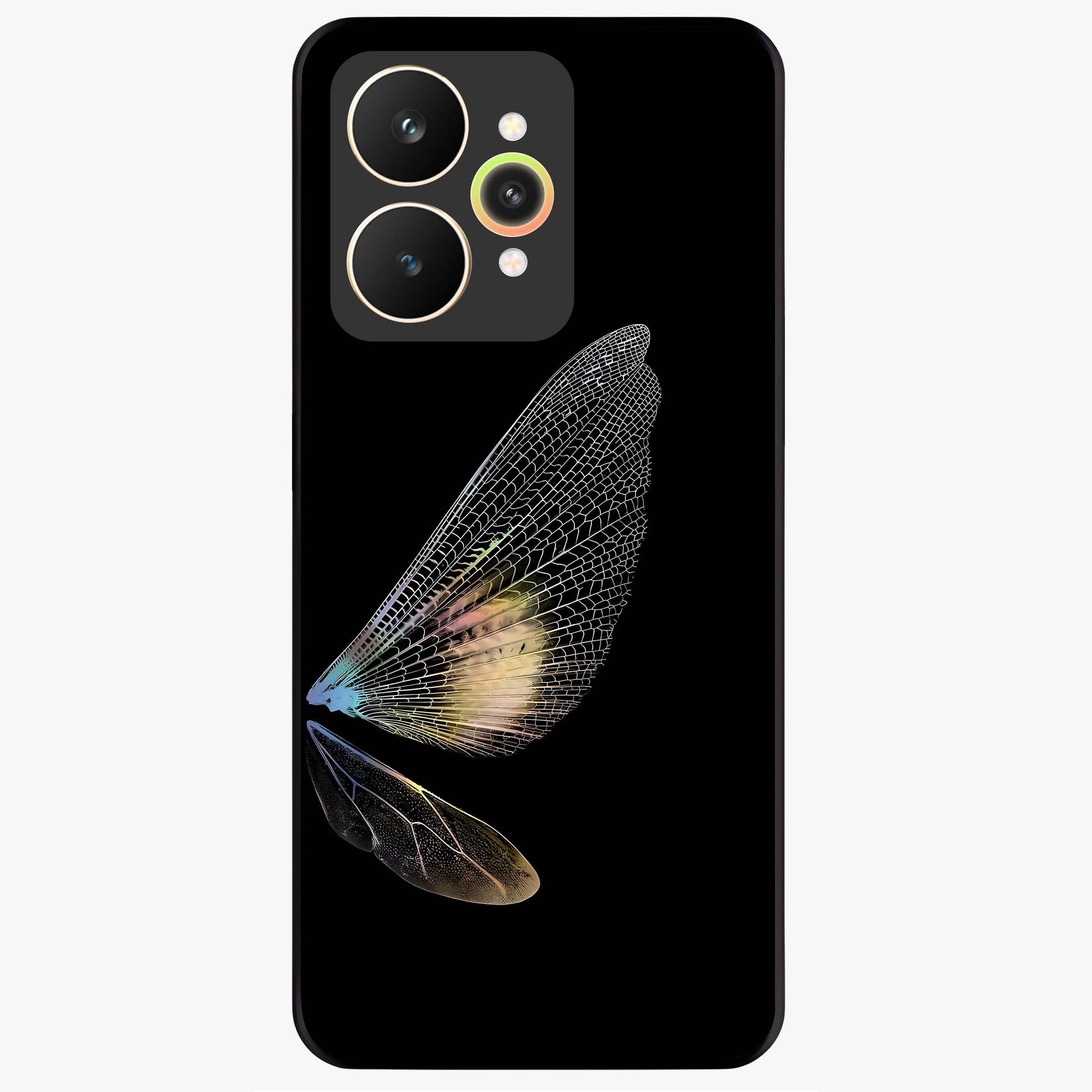 Whispers Of Wings Glass Case showing flat back view with graceful wing inspired artwork and glossy glass finish.