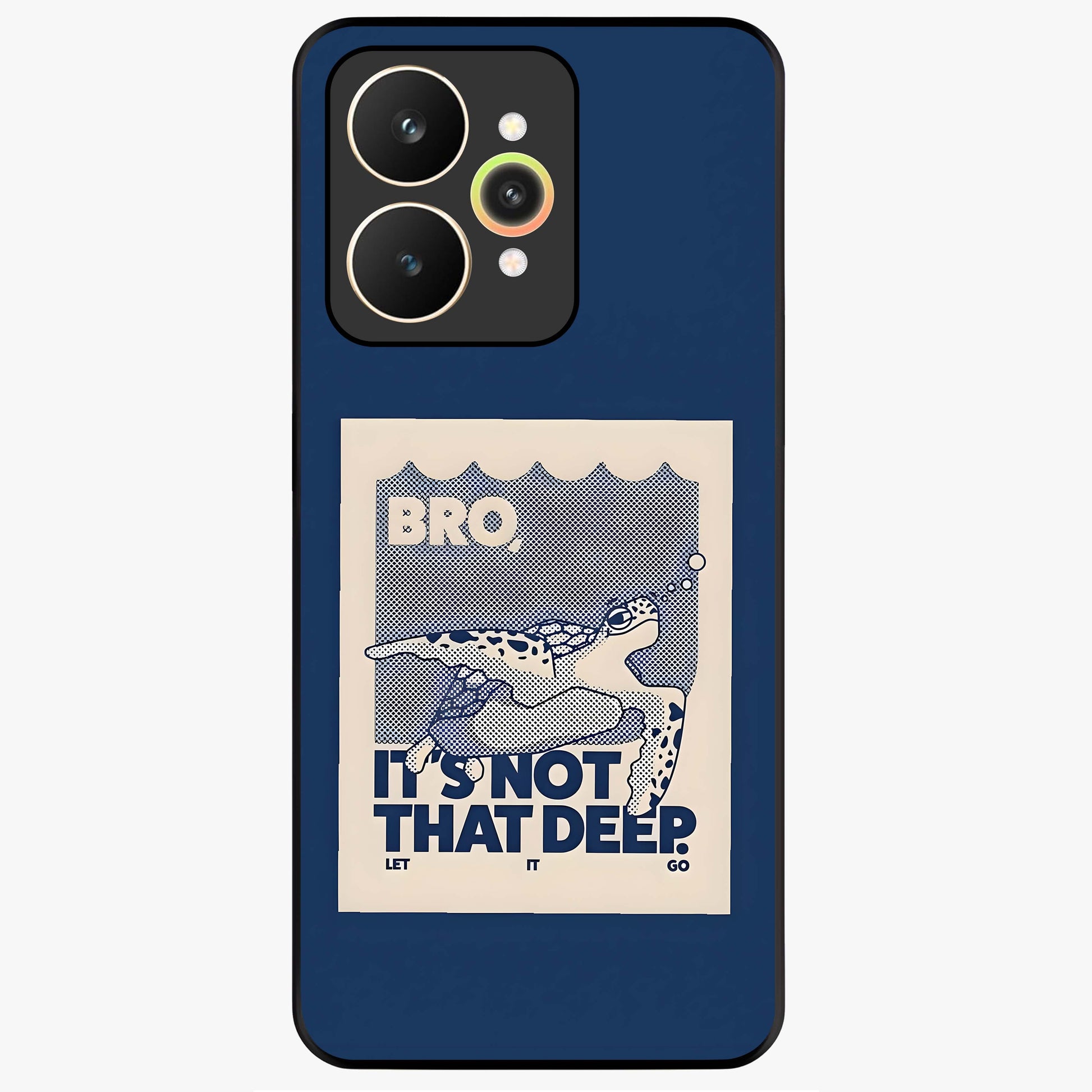Worry Less Swim Glass Case showing flat back view with playful motivational artwork and glossy glass finish.