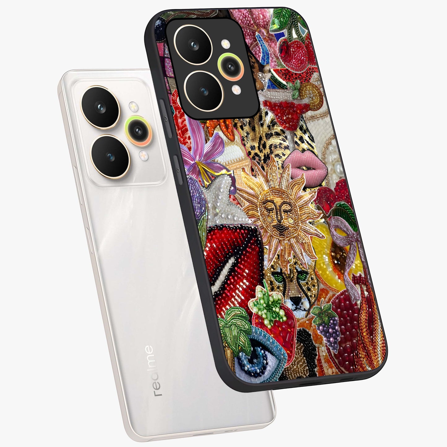 Beaded Fashion Jungle Glass Case displayed in angled mockup highlighting colorful fashion bead design and artistic pattern.