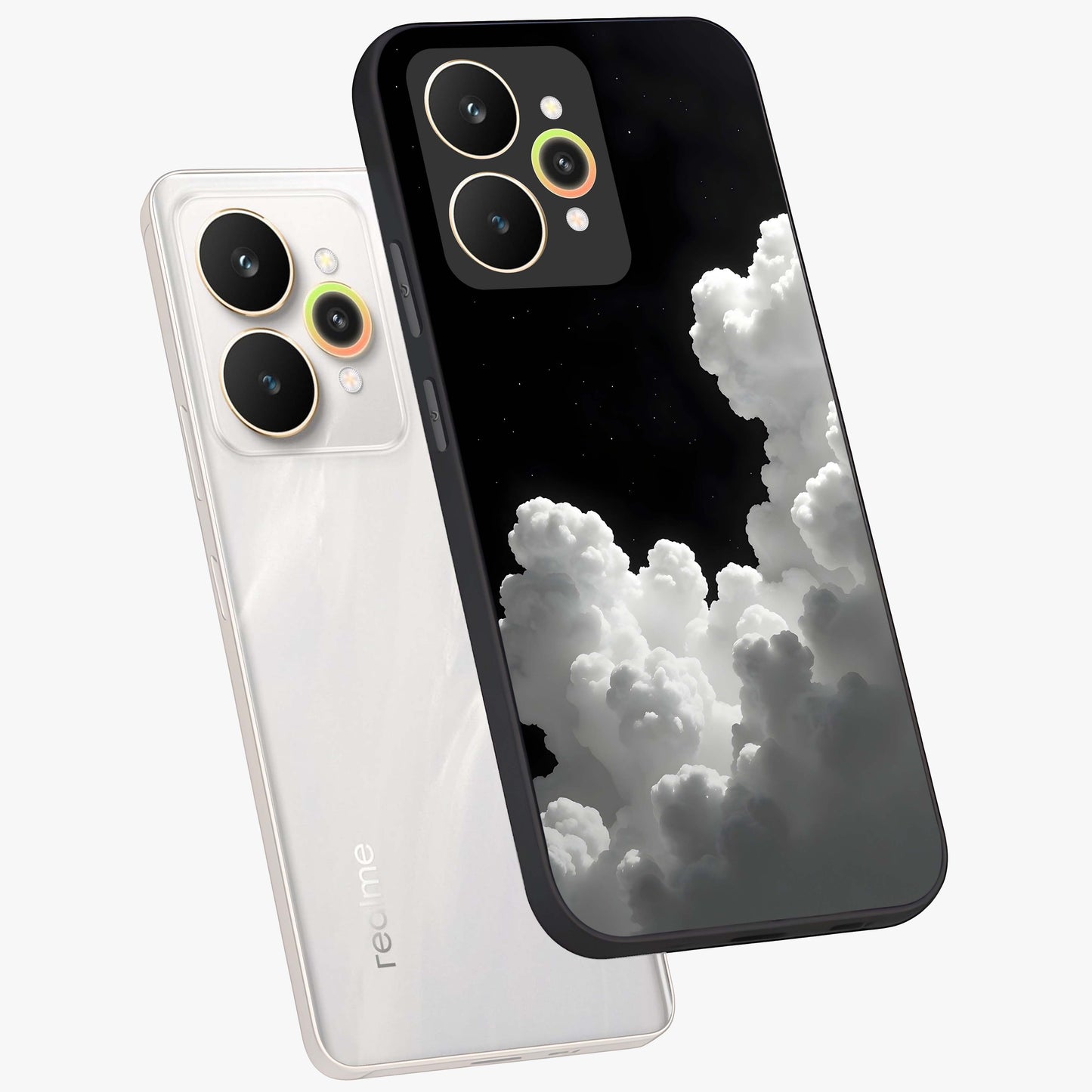Black Background With White Cloud Glass Case displayed in angled mockup highlighting soft white cloud illustration and minimal design.