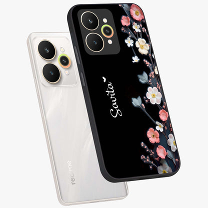 Black Elegance Floral Custom Name Glass Case displayed in angled mockup highlighting dark floral aesthetic and custom name feature.