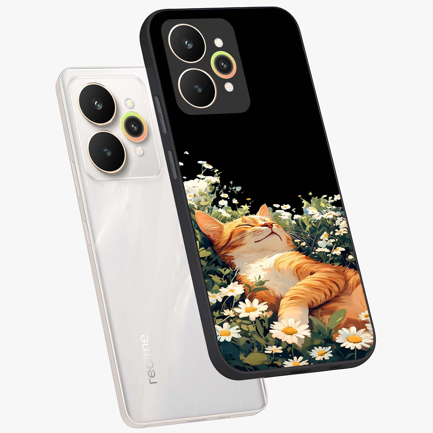 Blissful Bloom Cat Glass Case displayed in angled mockup highlighting playful feline illustration with soft floral aesthetic.