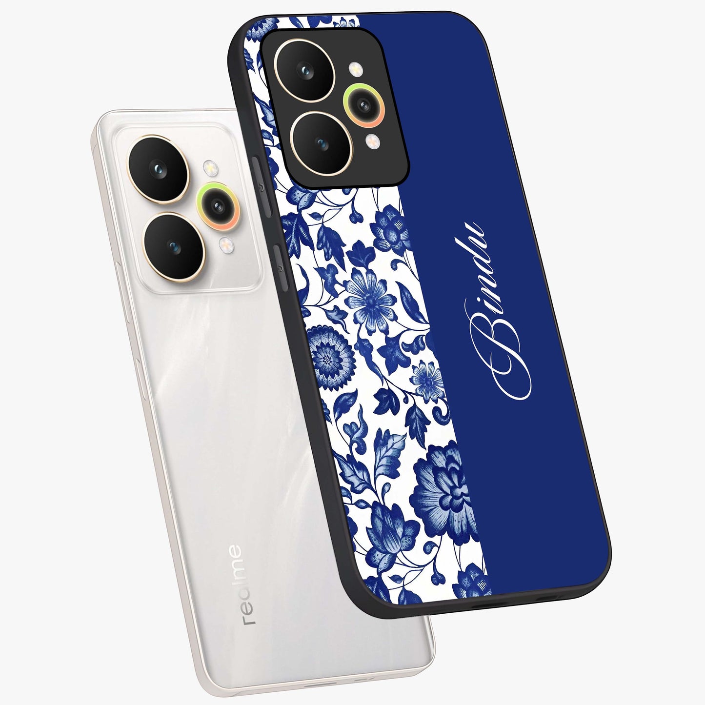 Blue Vintage Floral Pattern Glass Case displayed in angled mockup highlighting subtle bloom pattern with aesthetic pastel design.