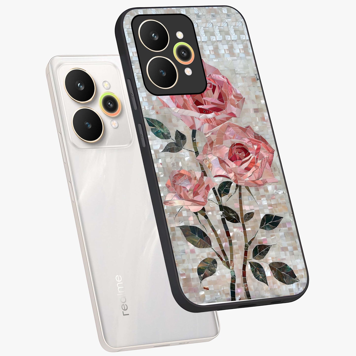 Blush Mosaic Bloom Glass Case displayed in angled mockup highlighting artistic mosaic flower pattern with aesthetic design.