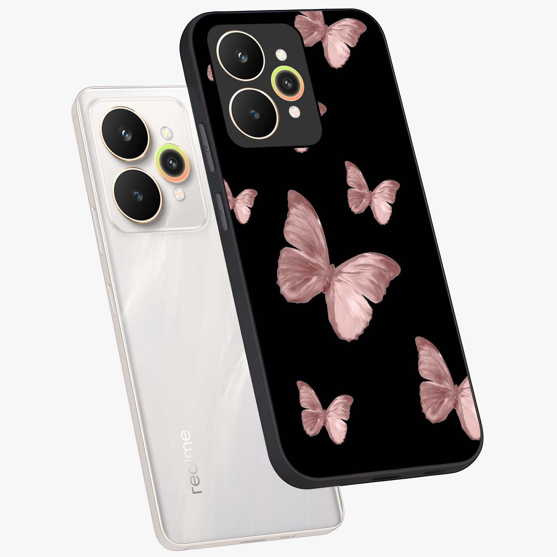 Butterfly Pattern Glass Case displayed in angled mockup highlighting delicate butterfly design and aesthetic pattern style.