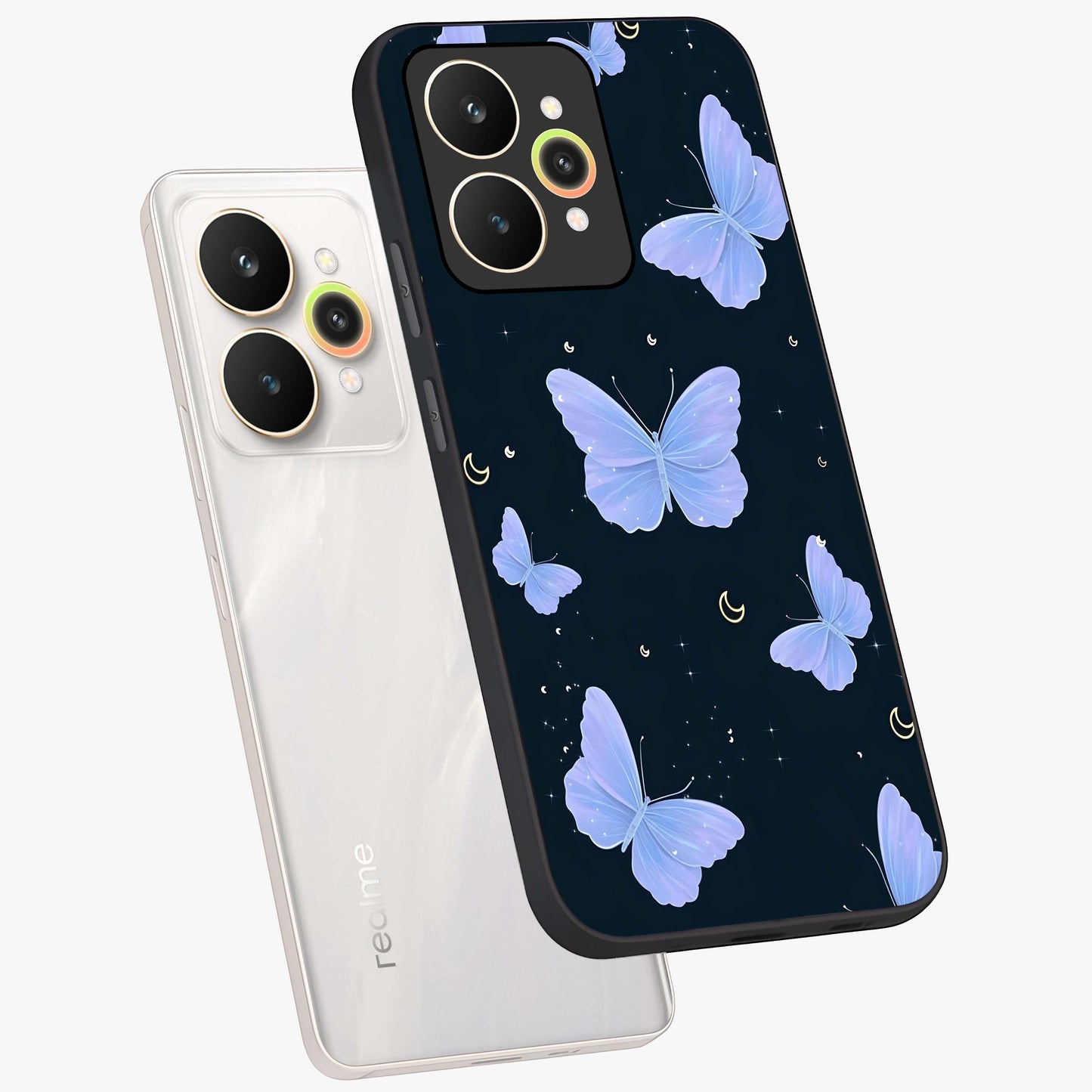 Butterfly With Stars Pattern Glass Case displayed in angled mockup highlighting dreamy butterfly and star design with aesthetic theme.