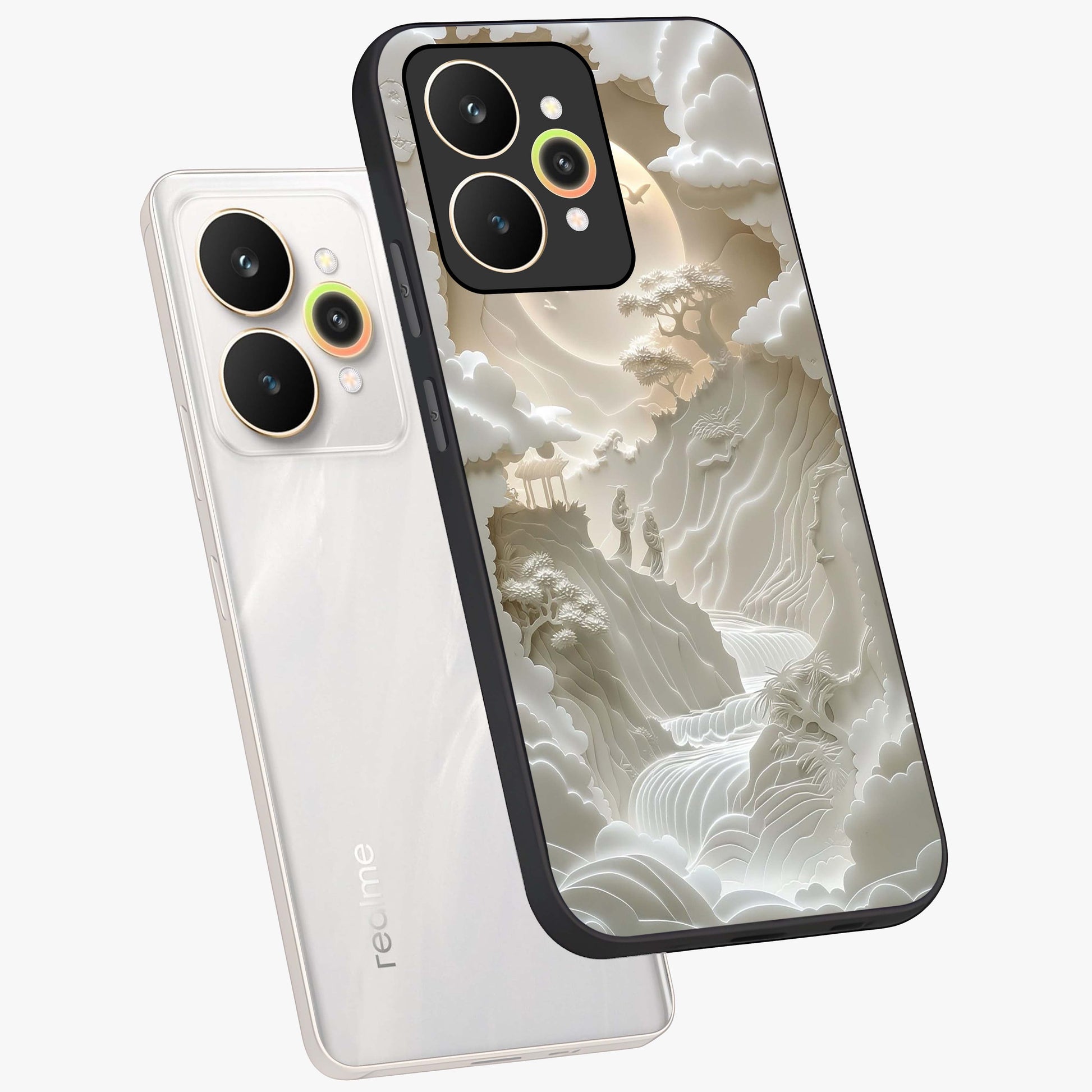 Celestial Origami Glass Case displayed in angled mockup highlighting geometric origami design with cosmic aesthetic theme.