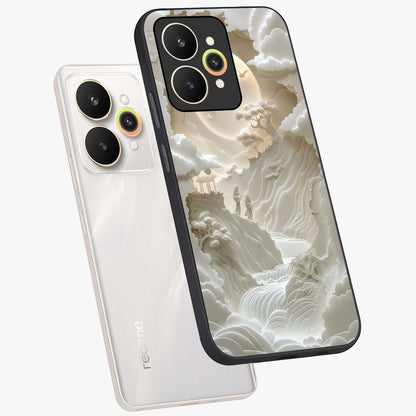 Celestial Origami Glass Case displayed in angled mockup highlighting geometric origami design with cosmic aesthetic theme.