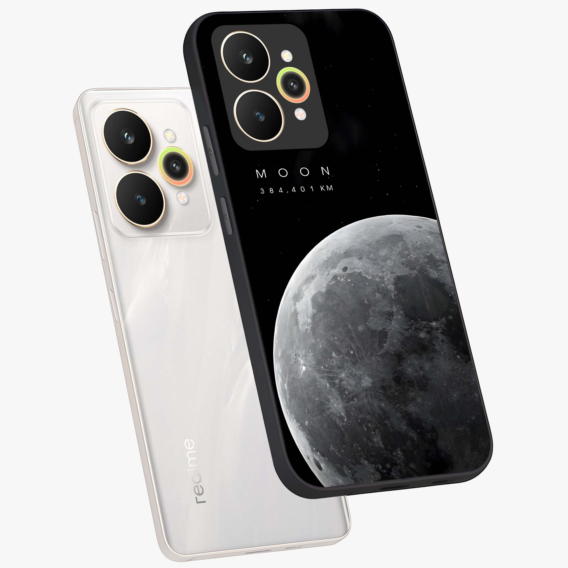 Cosmic Moon Glow Glass Case displayed in angled mockup highlighting celestial moon design with cosmic aesthetic theme.