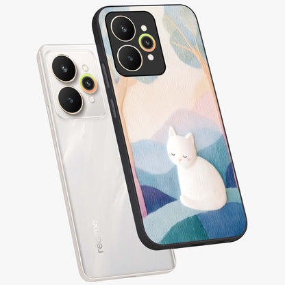 Cotton Dream Cat Glass Case displayed in angled mockup highlighting cute feline illustration with pastel aesthetic style.