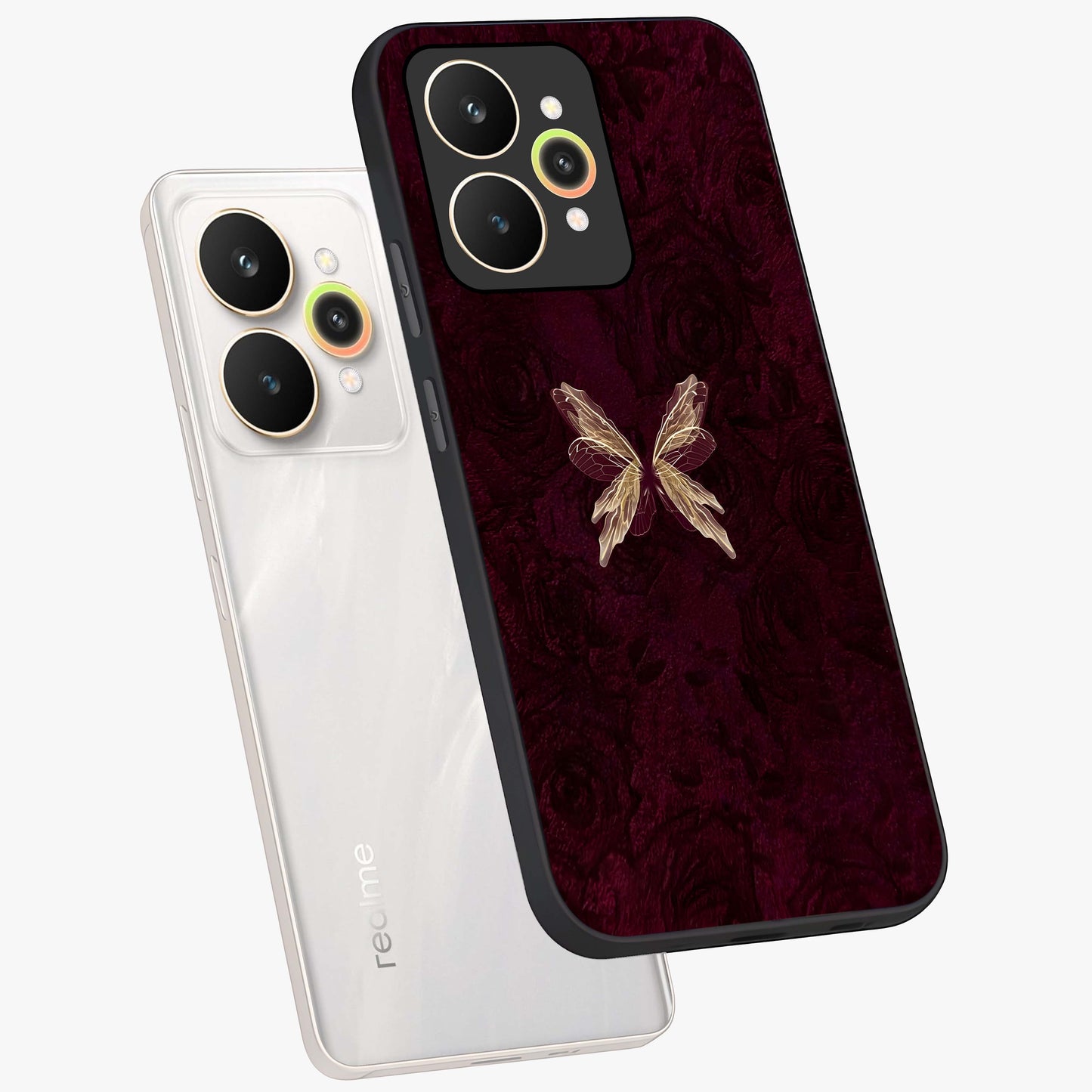 Crimson Fade Butterfly Glass Case displayed in angled mockup highlighting elegant butterfly design with crimson gradient aesthetic.