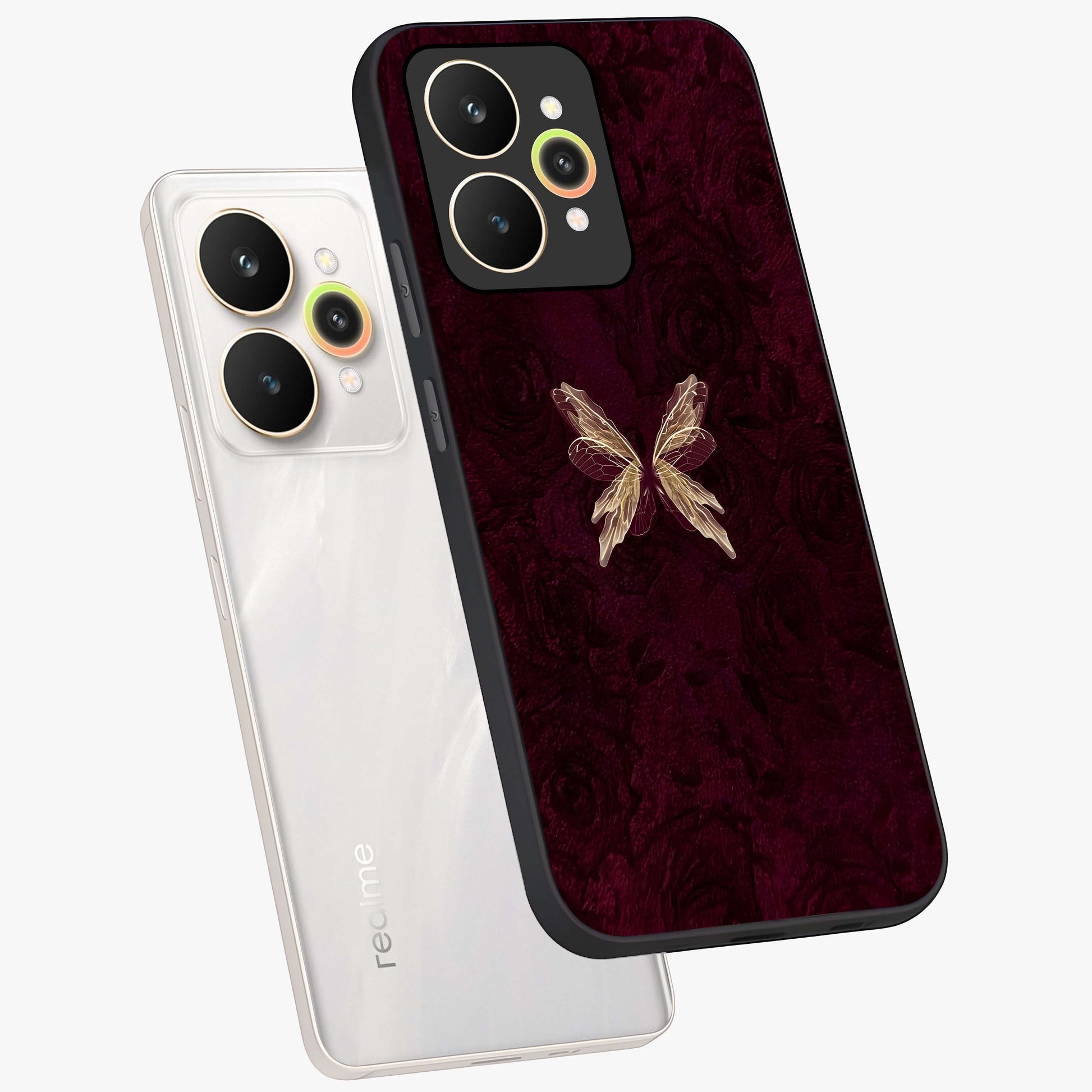 Crimson Fade Butterfly Glass Case displayed in angled mockup highlighting elegant butterfly design with crimson gradient aesthetic.