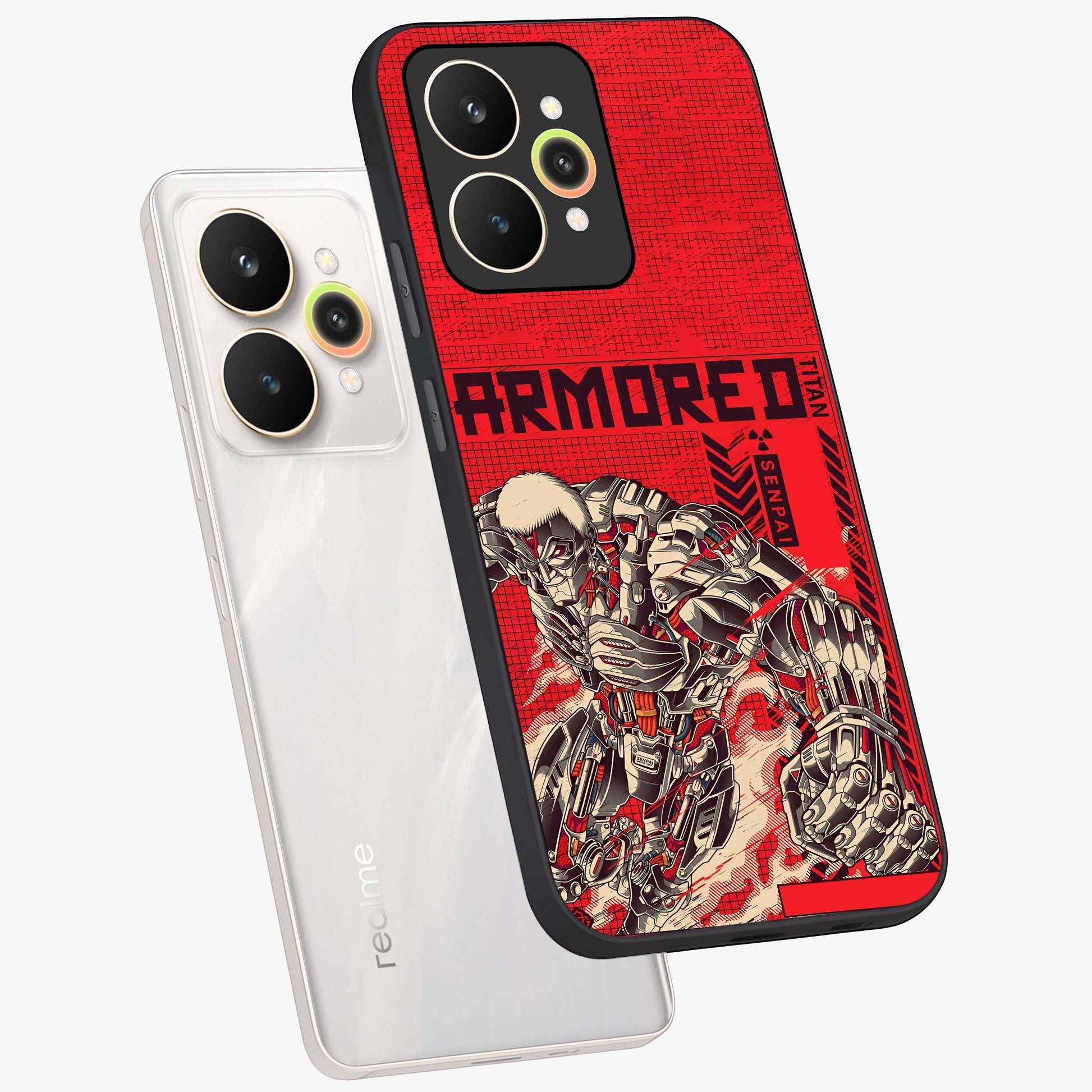 Crimson Mecha Titan Glass Case displayed in angled mockup highlighting futuristic mech illustration with bold crimson aesthetic.