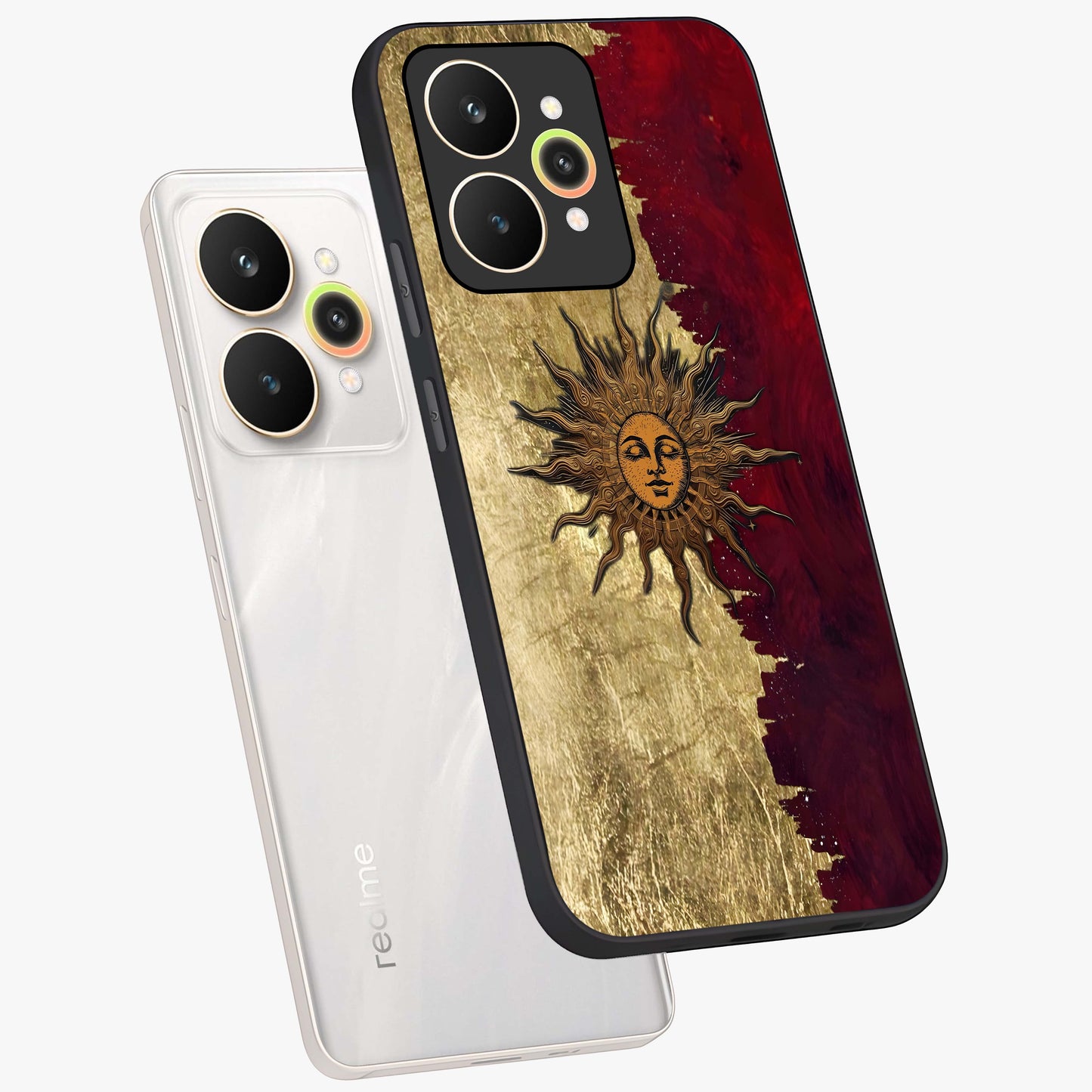Crimson Sun Majesty Glass Case displayed in angled mockup highlighting majestic crimson sun design with bold aesthetic style.