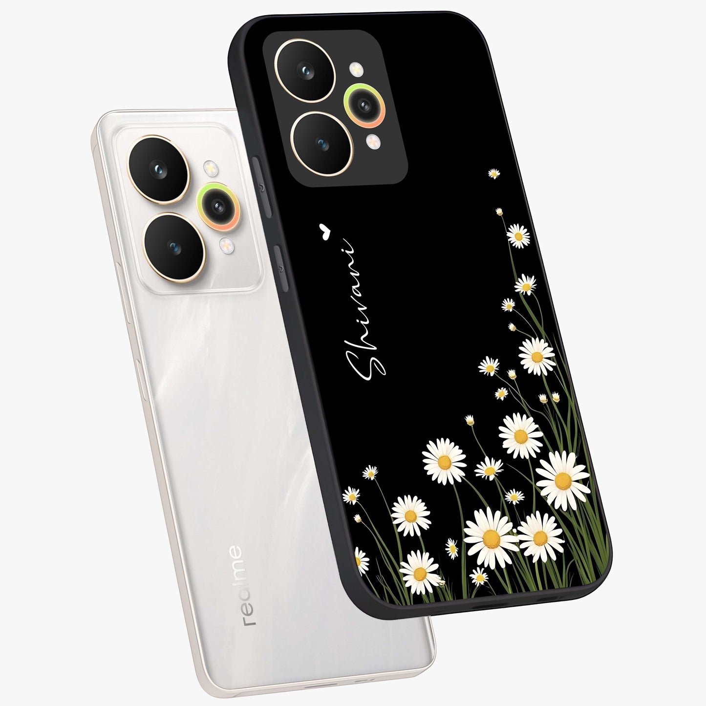 Daisy Cascade Custom Name Glass Case displayed in angled mockup highlighting delicate daisy artwork with custom name feature.