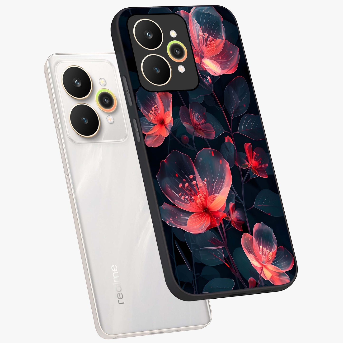 Dark Shade of Flower Glass Case displayed in angled mockup highlighting moody floral illustration with aesthetic dark tones.