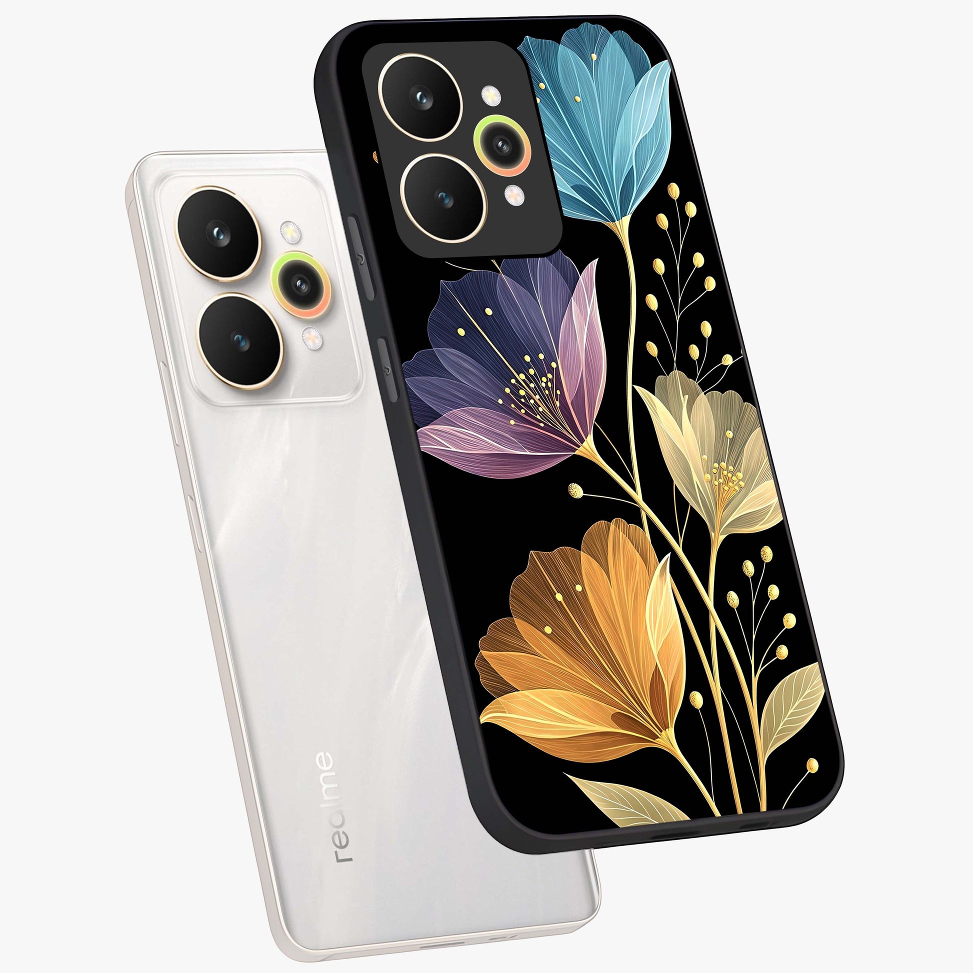 Delicate Multicolor Flowers Glass Case displayed in angled mockup highlighting colorful flower pattern with soft aesthetic style.