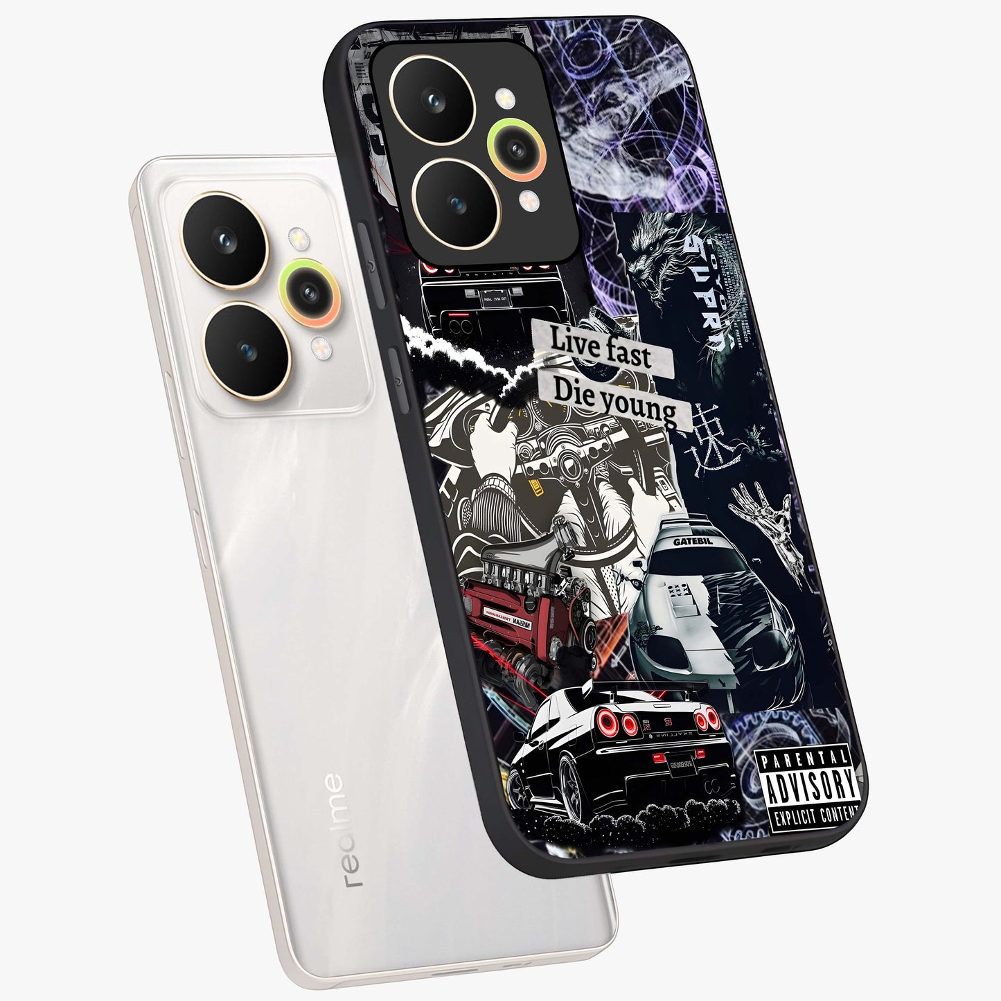 Die Young Glass Case displayed in angled mockup highlighting expressive graphic artwork with edgy aesthetic style.