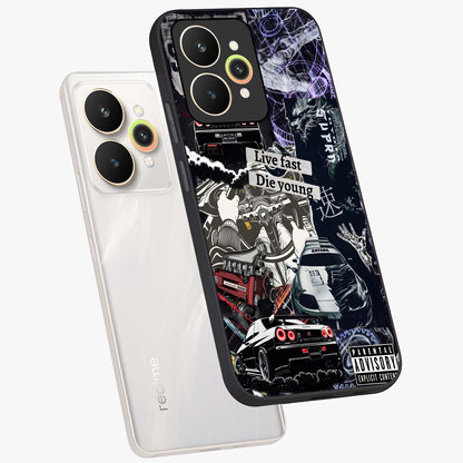 Die Young Glass Case displayed in angled mockup highlighting expressive graphic artwork with edgy aesthetic style.