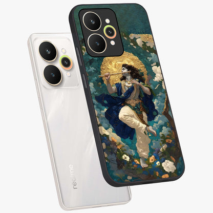 Divine Krishna Art Glass Case displayed in angled mockup highlighting spiritual Krishna illustration with devotional aesthetic.