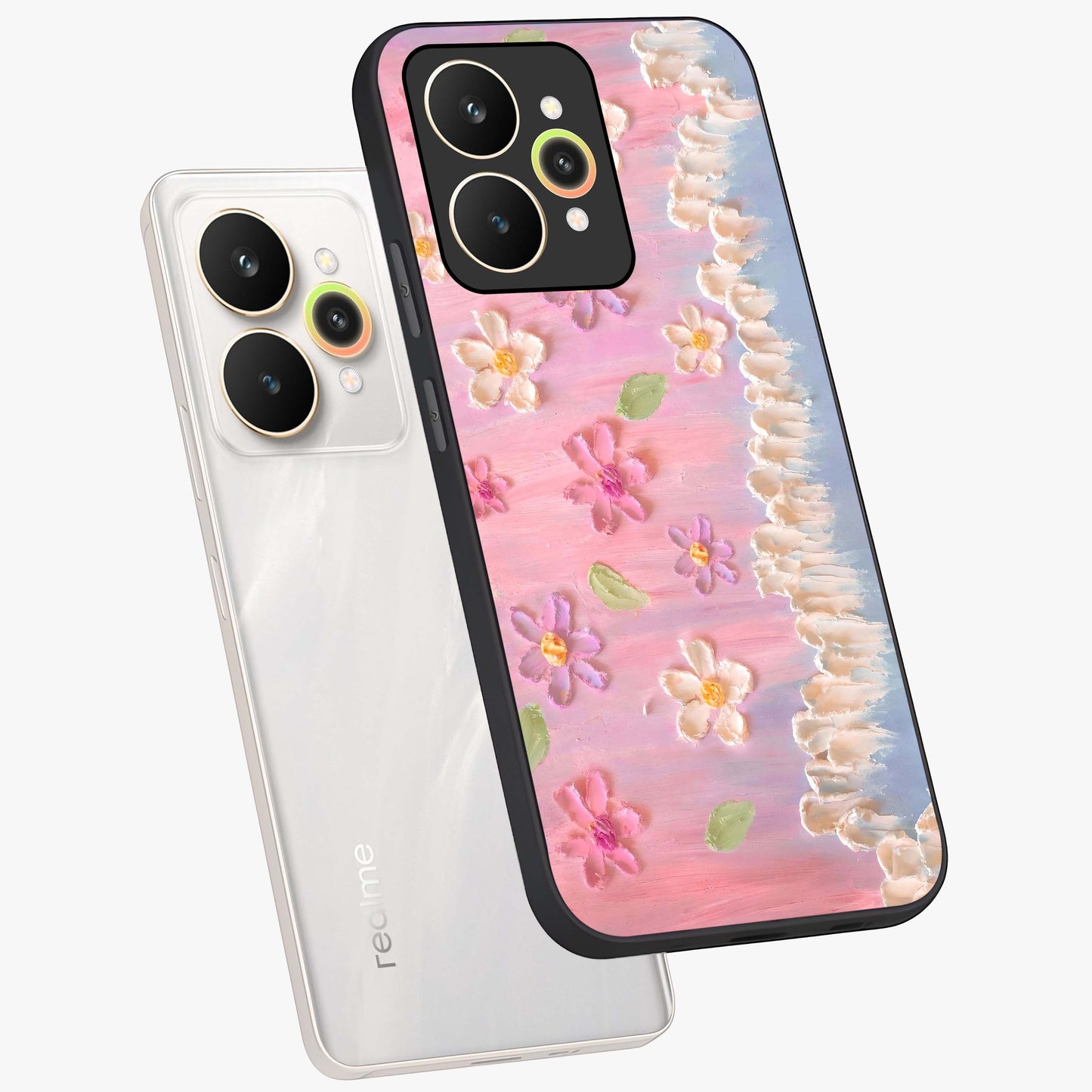Dreamy Painted Garden Glass Case displayed in angled mockup highlighting colorful garden illustration with dreamy aesthetic style.