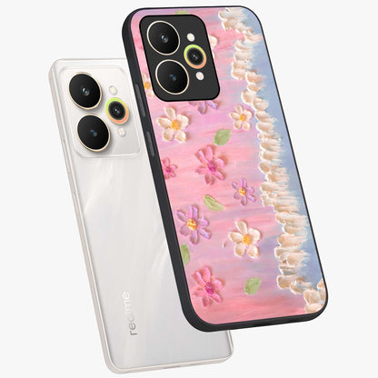 Dreamy Painted Garden Glass Case displayed in angled mockup highlighting colorful garden illustration with dreamy aesthetic style.